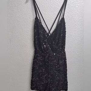 Black Sequin Romper With Adjustable Cross Straps    Size L